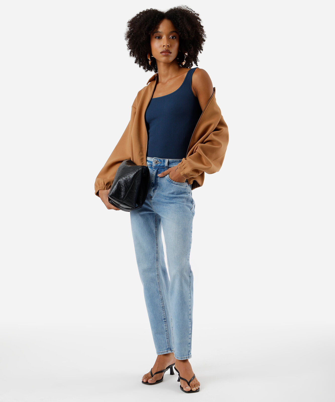 calça mom feminina jeans cintura alta azul
