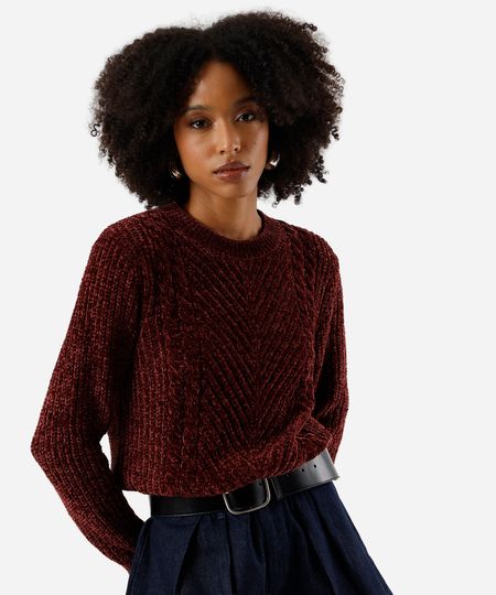 suéter feminino de tricot chenille texturizado vinho PP suéter feminino de tricot chenille texturizado vinho PP