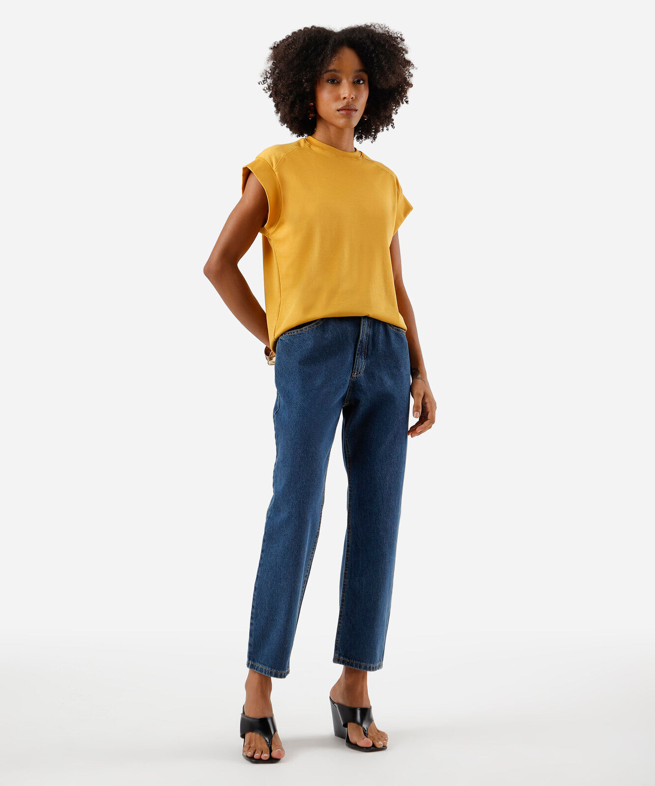 calça mom feminina jeans cintura alta azul