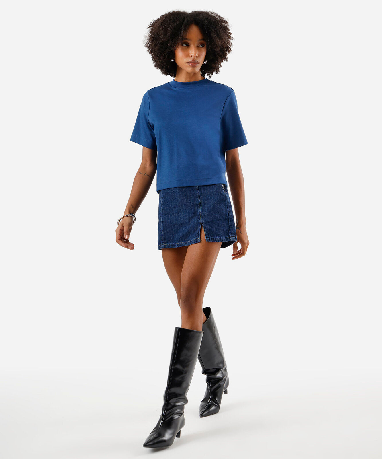 short saia feminino jeans com fenda cintura alta listrado azul