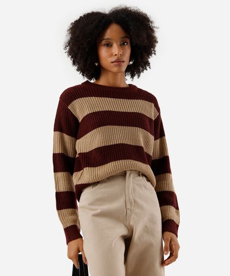 suéter feminino de tricot gola redonda listrado vinho PP suéter feminino de tricot gola redonda listrado vinho PP