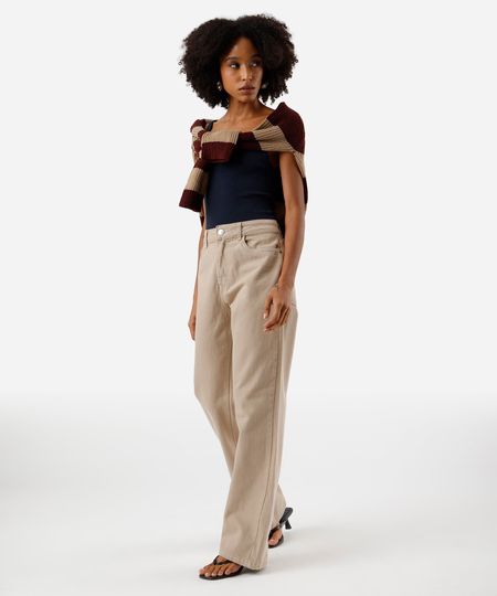 calça wide leg slim feminina de sarja cintura alta bege 44 calça wide leg slim feminina de sarja cintura alta bege 44