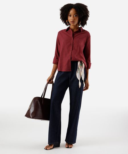 calça wide leg slim feminina jeans cintura alta azul 34