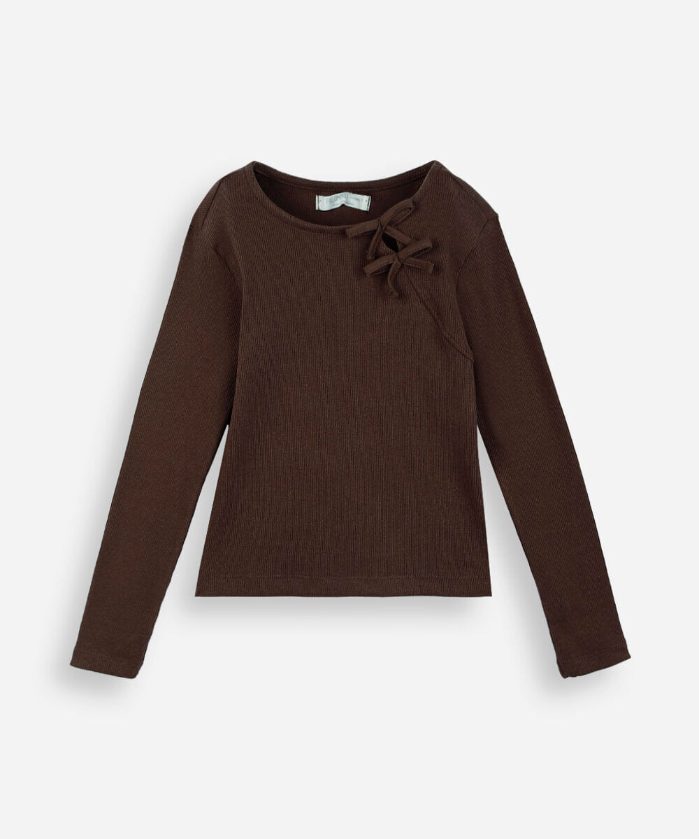 blusa infantil manga longa canelada com lacinho marrom
