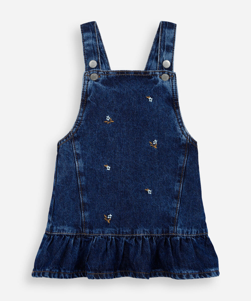 salopete infantil jeans com babado e bordado floral azul