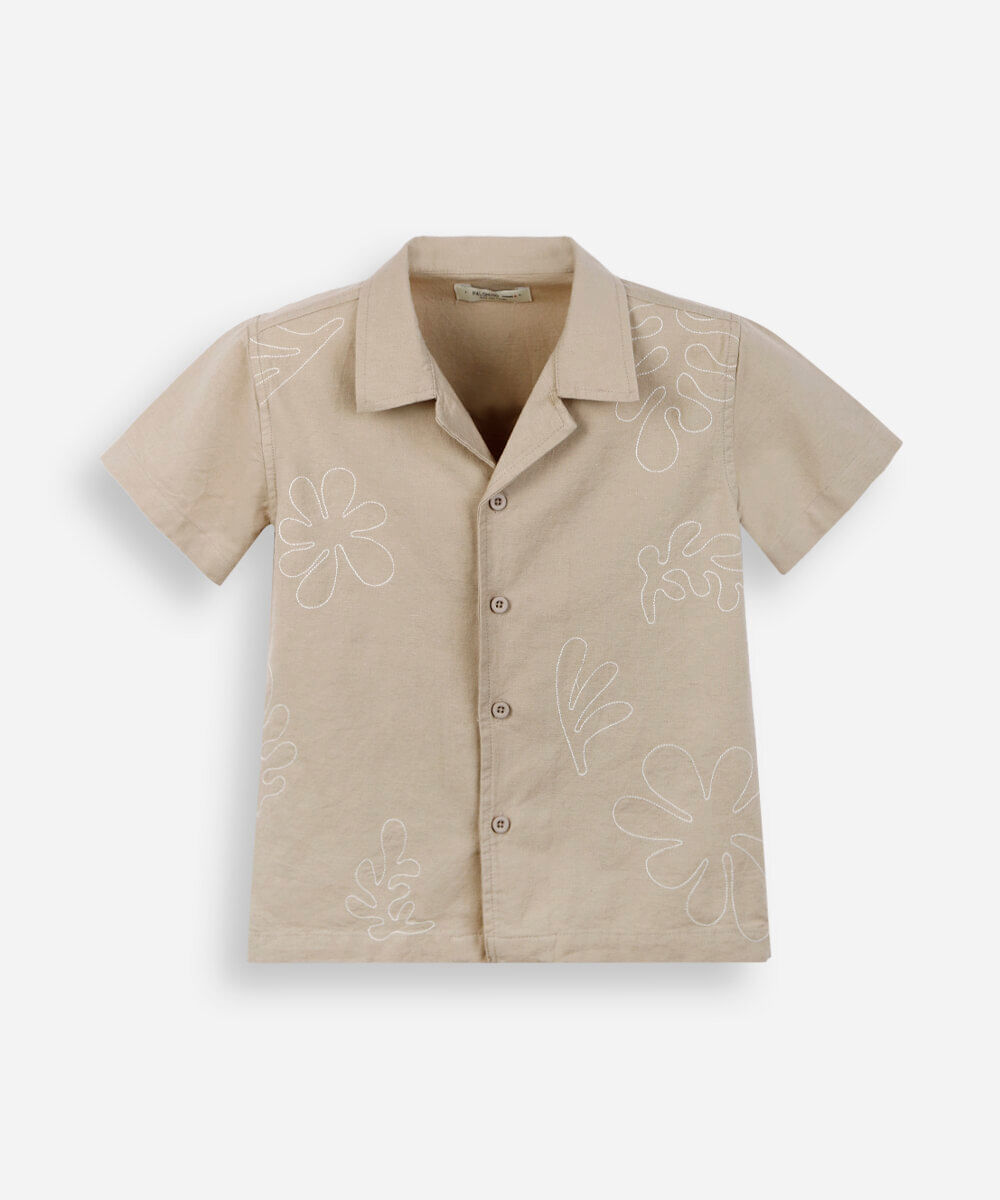 camisa infantil com linho manga curta bordada bege