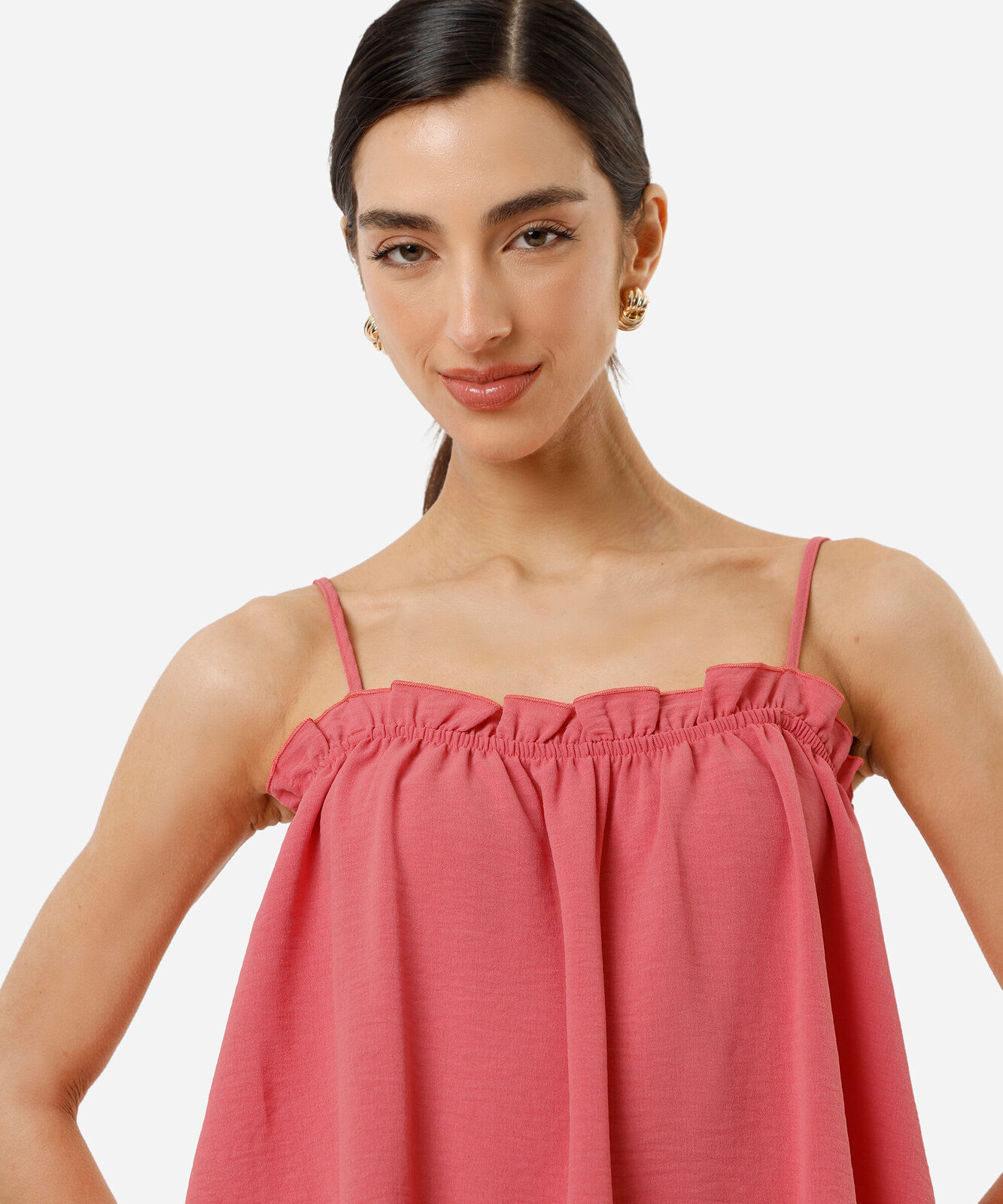 blusa alça fina feminina com viscose e babado rosa