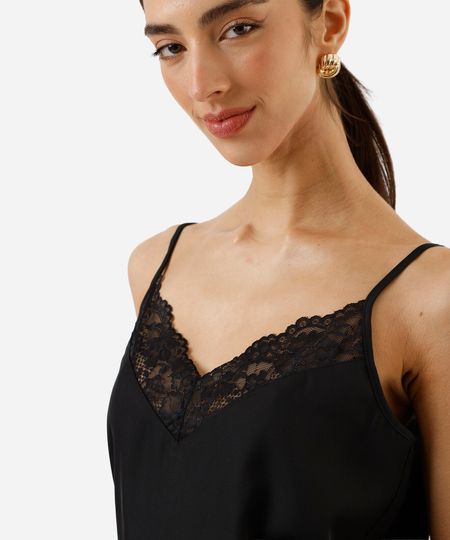 regata alça fina feminina com renda acetinada preto P