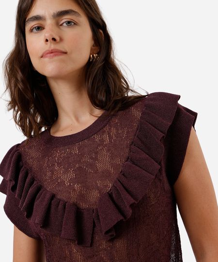 blusa feminina de tricot com babado floral vinho GG