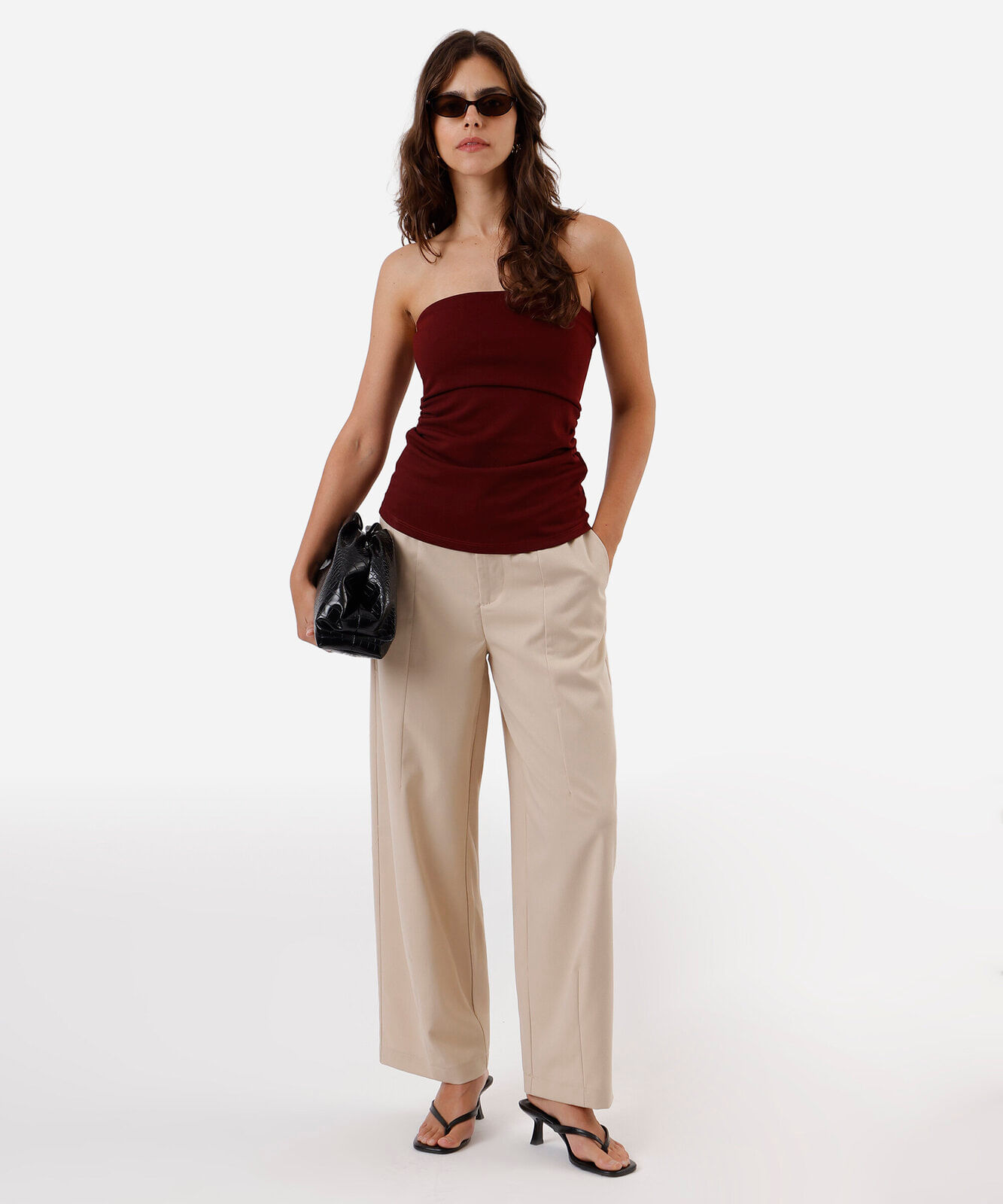 calça balloon feminina com viscose cós elástico bege