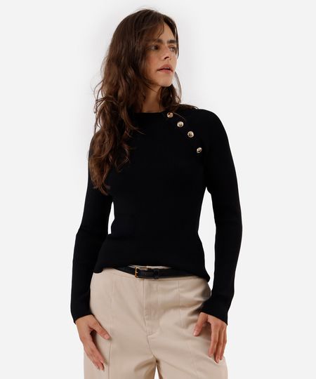 suéter feminino de tricot com botões canelado preto PP suéter feminino de tricot com botões canelado preto PP