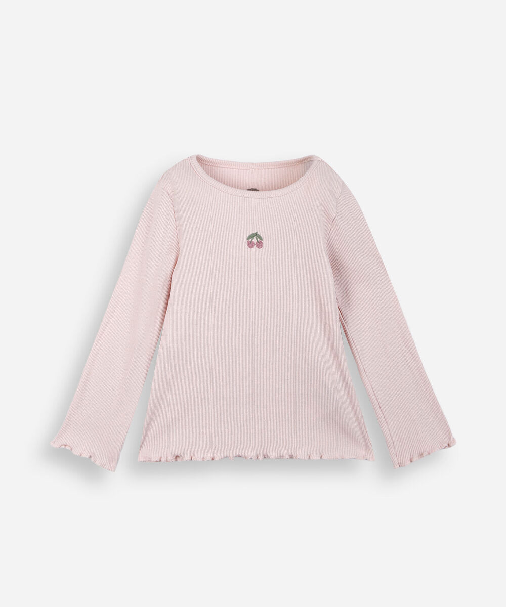 blusa infantil de algodão com bordado canelada rosa