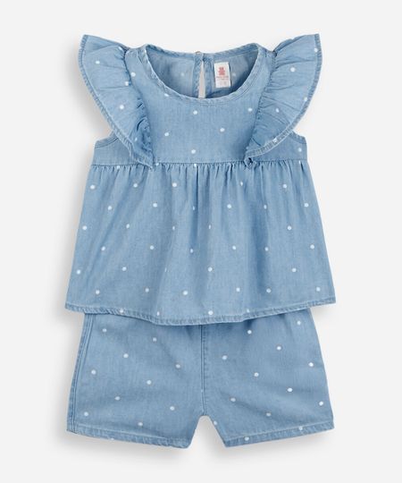 conjunto curto infantil jeans poá azul 6-9