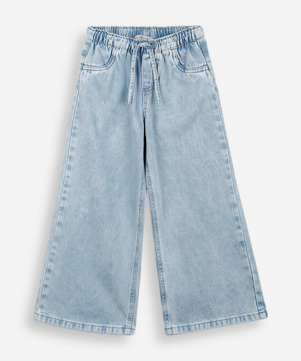 calça wide leg estilo pijama infantil jeans azul