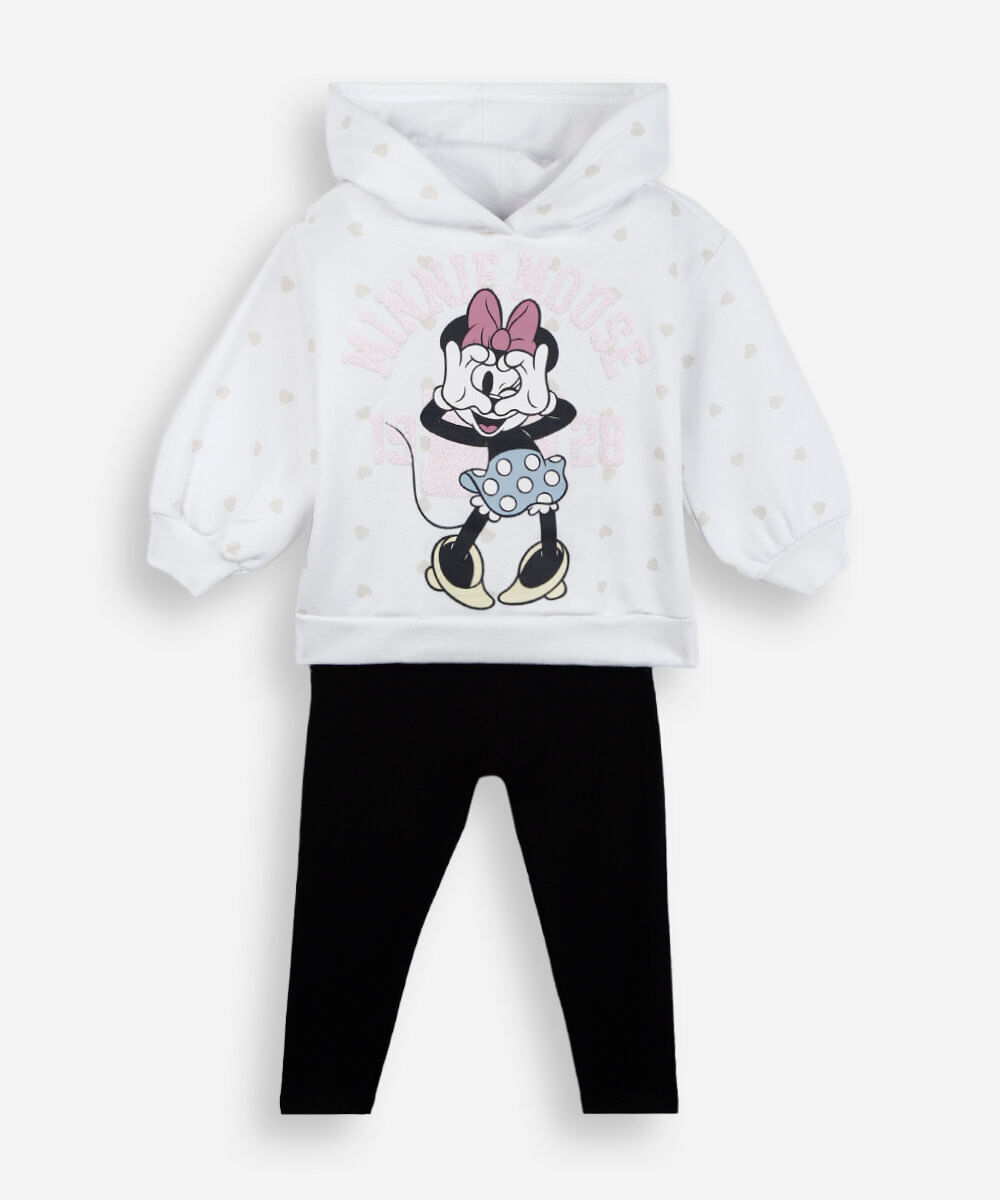 conjunto longo infantil de moletom com capuz minnie off white