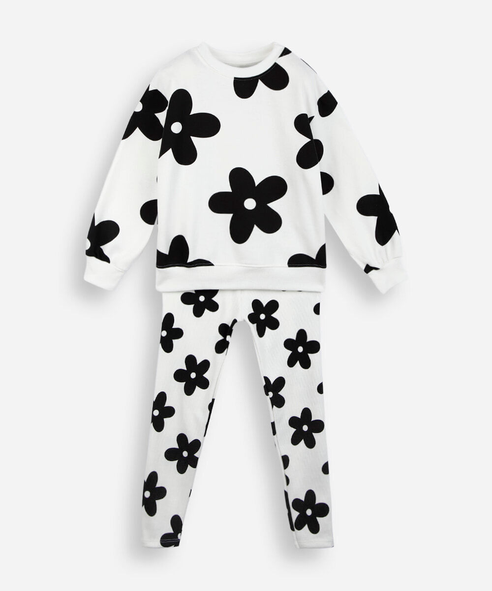 conjunto longo infantil de moletom floral off white