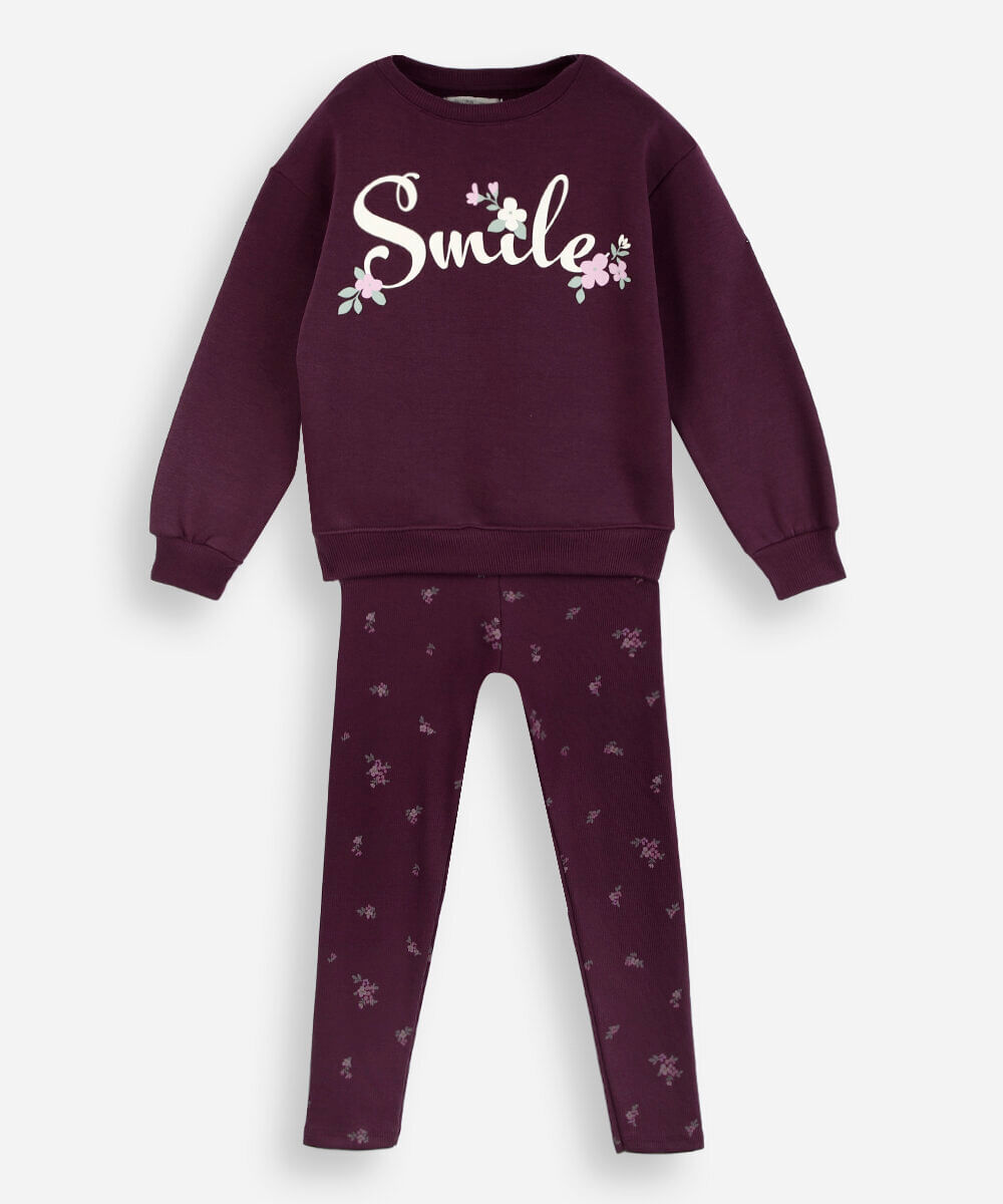 conjunto infantil de moletom floral vinho