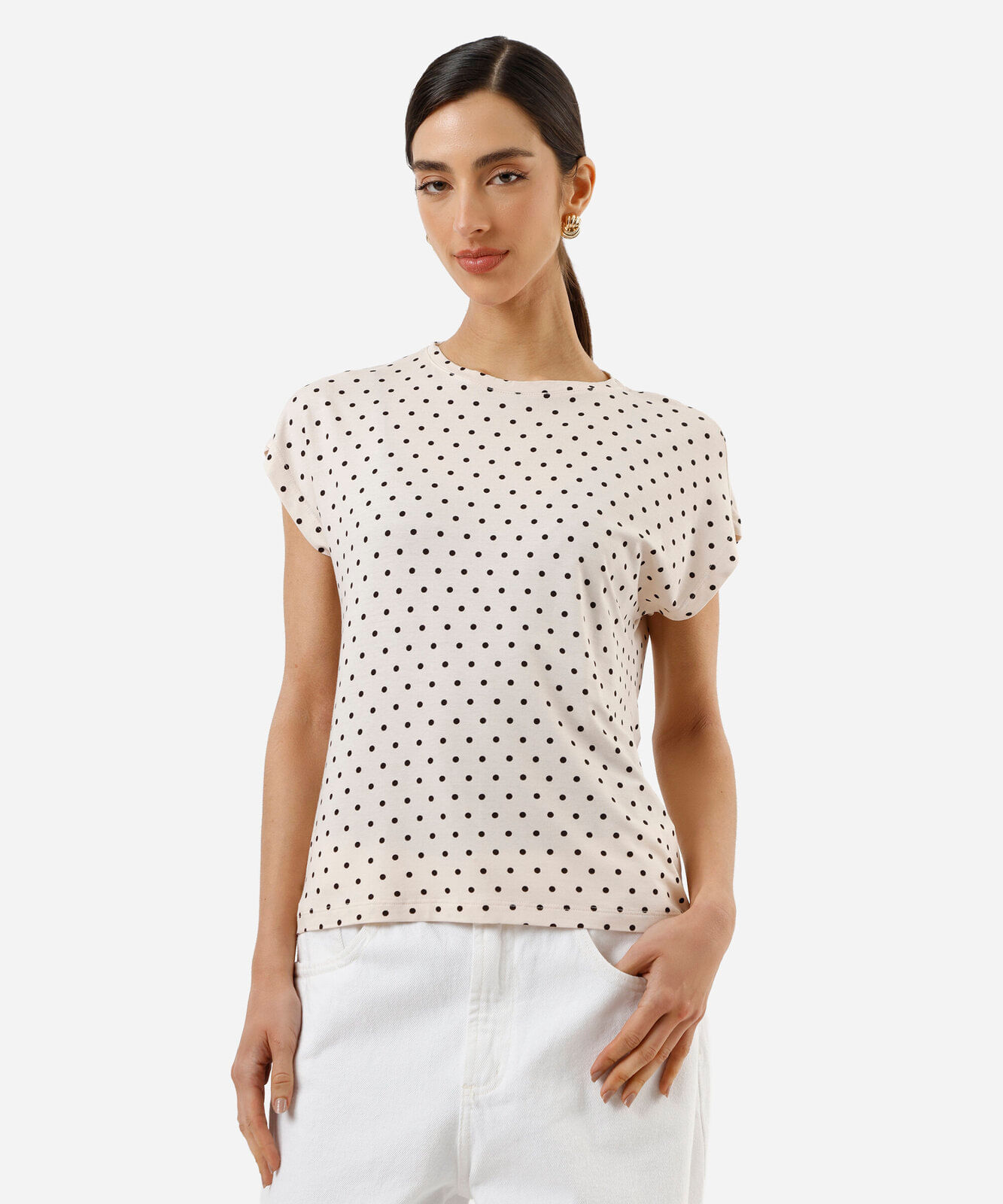 blusa feminina de viscose manga curta poá off white