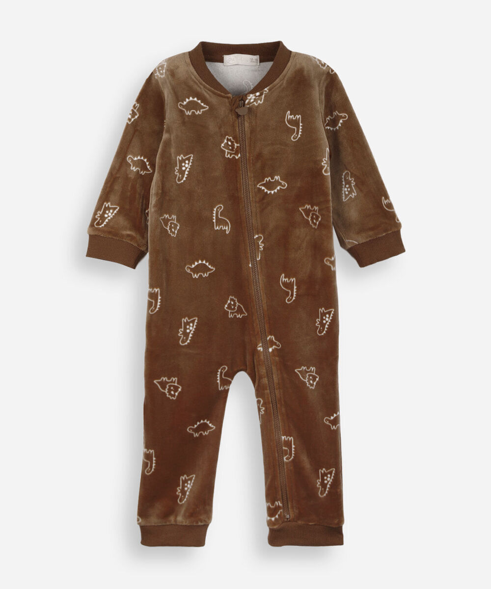 macacão longo infantil de plush dinossauro marrom