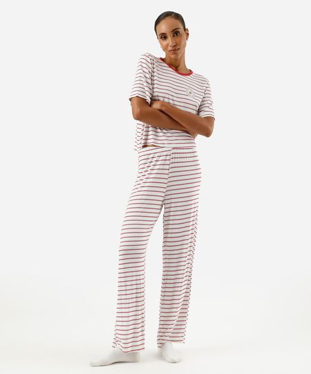 pijama longo feminino de viscose hello kitty listrado off white G pijama longo feminino de viscose hello kitty listrado off white G