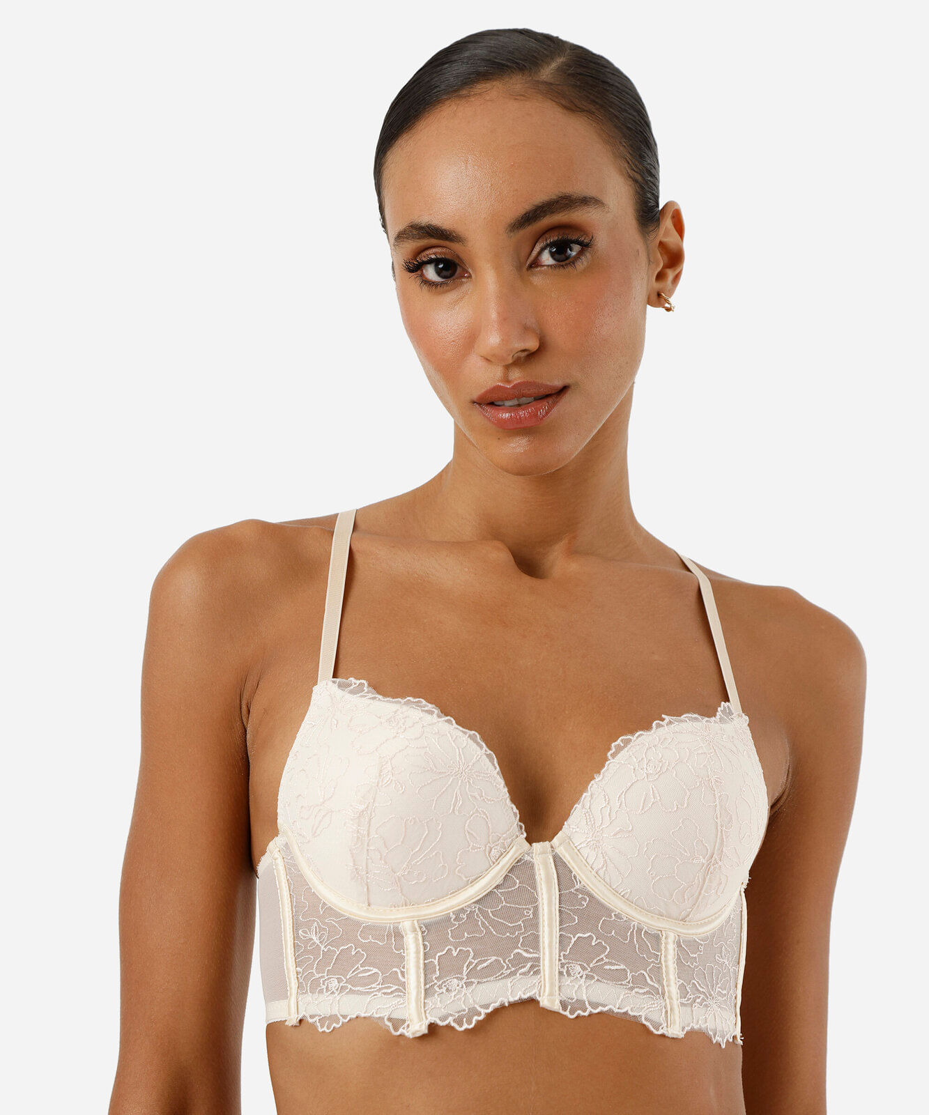 sutiã cropped meia taça feminino de renda floral bege