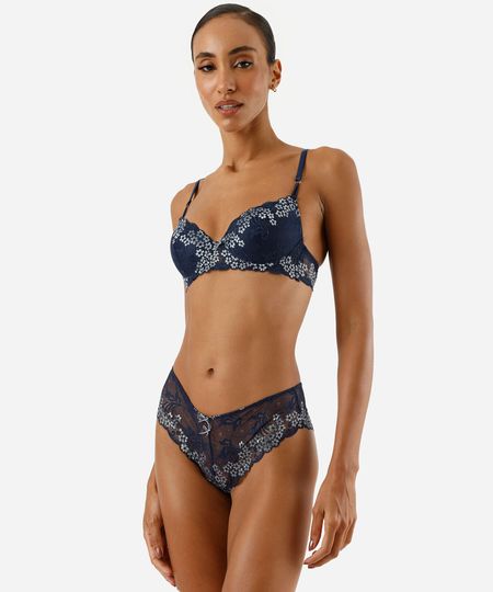 calcinha caleçon feminina de renda floral azul M