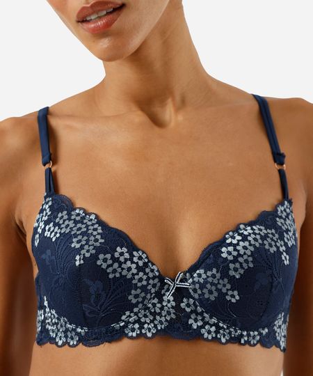 sutiã meia taça feminino de renda floral azul 40