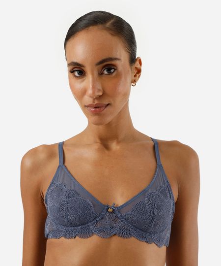 sutiã meia taça sem bojo de tule e renda azul 42