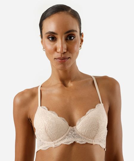 sutiã meia taça feminino de renda floral bege 46
