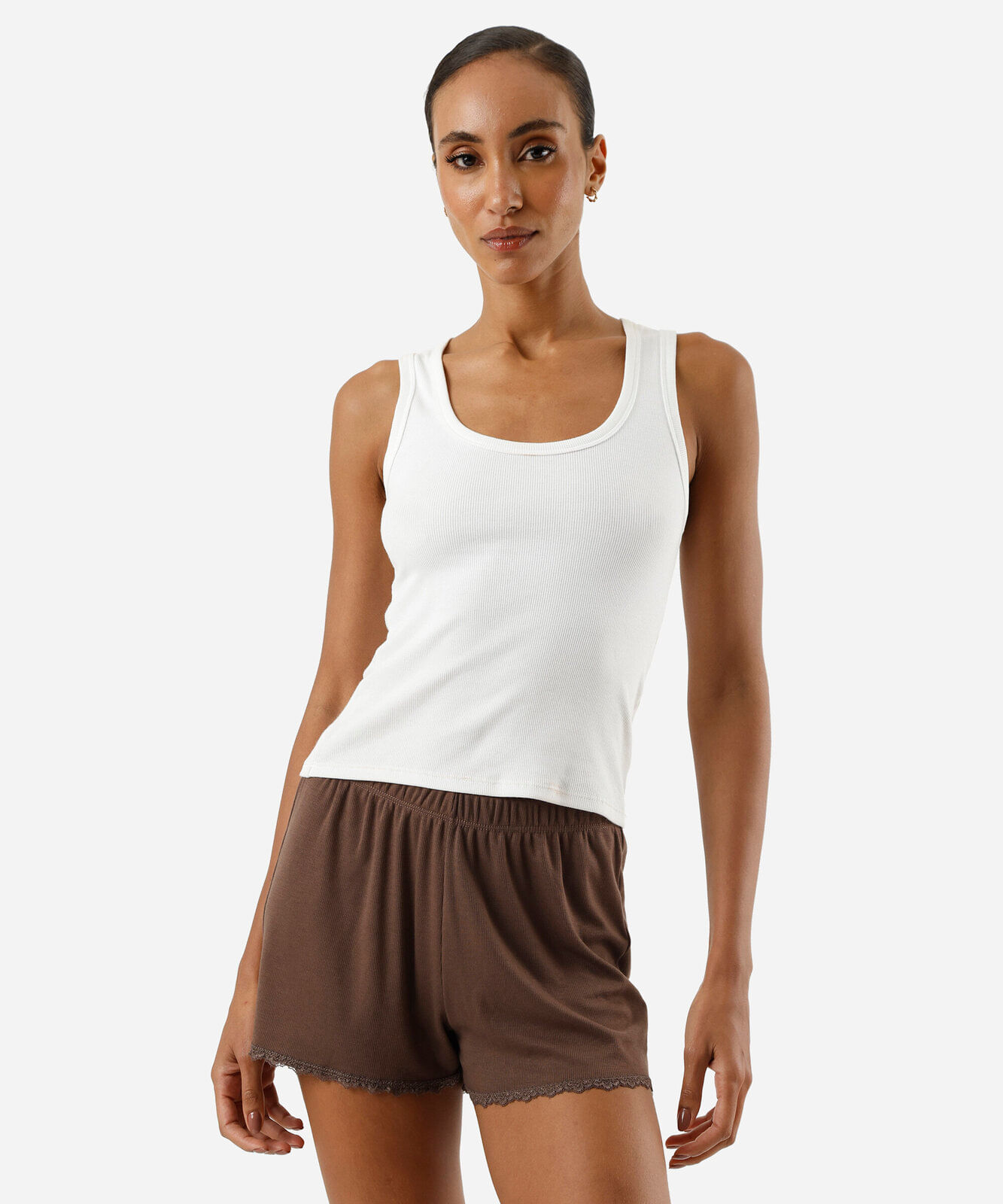 short de pijama avulso feminino com renda canelado marrom