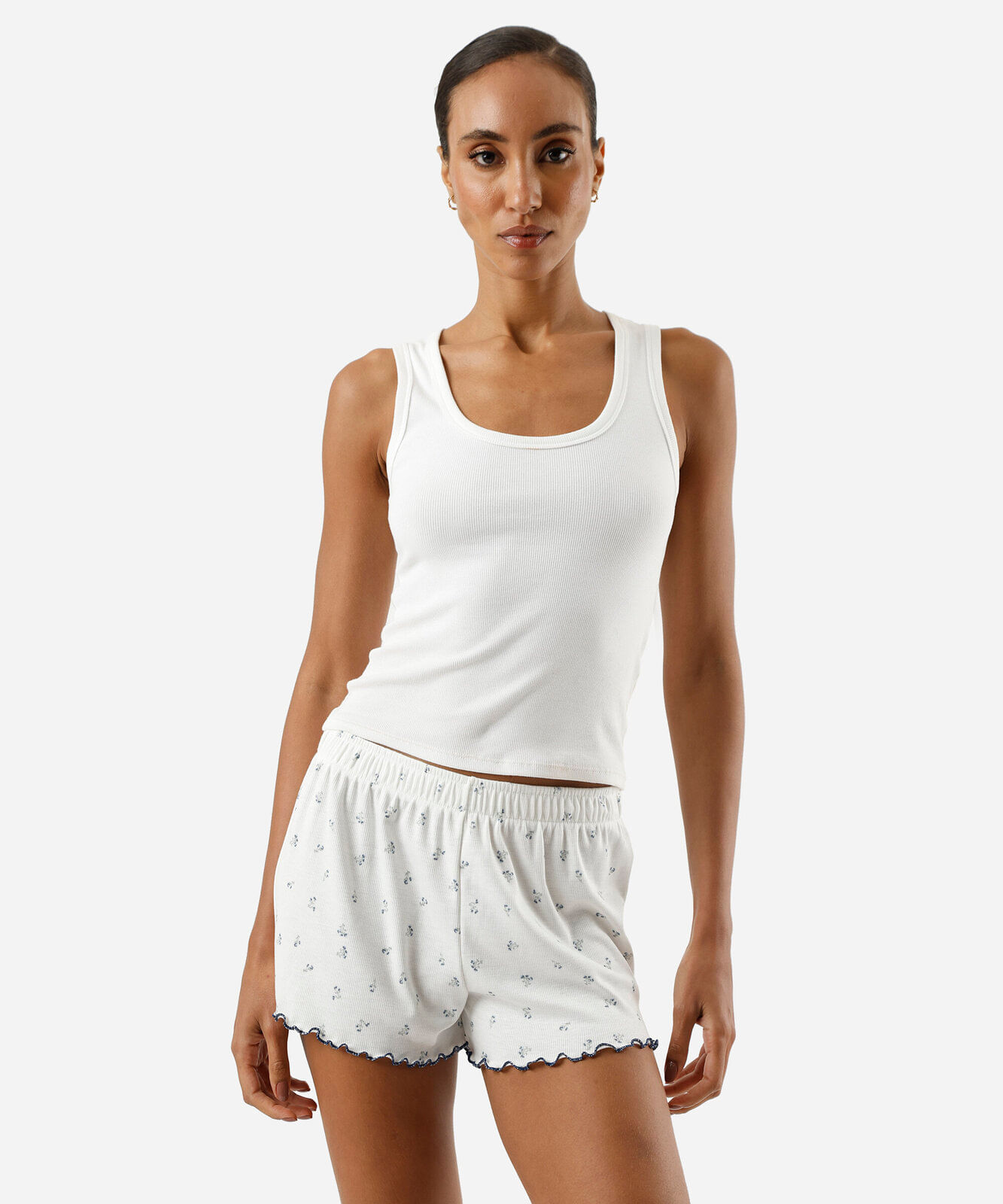 short de pijama avulso feminino canelado floral off white