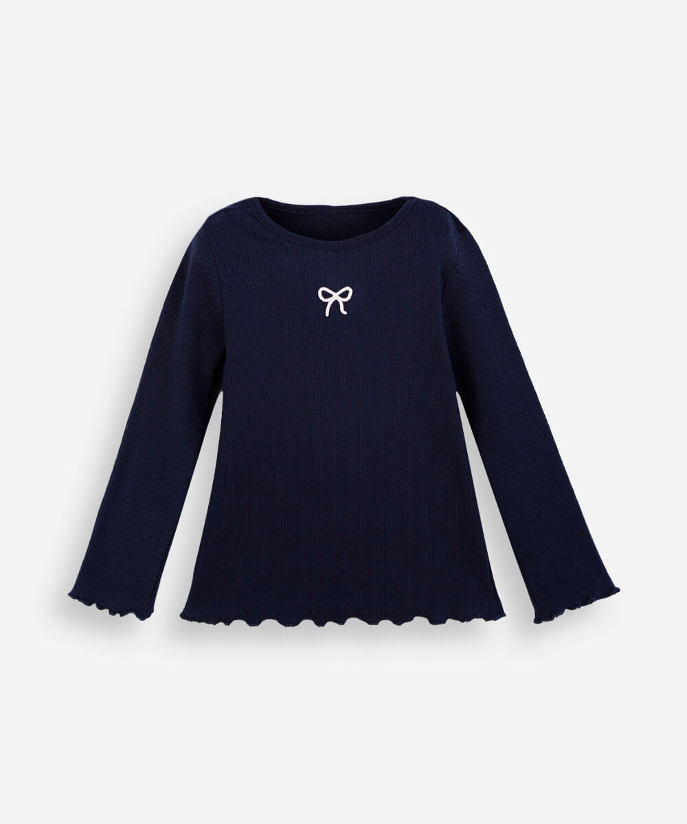 blusa infantil manga longa lacinho com fru fru azul