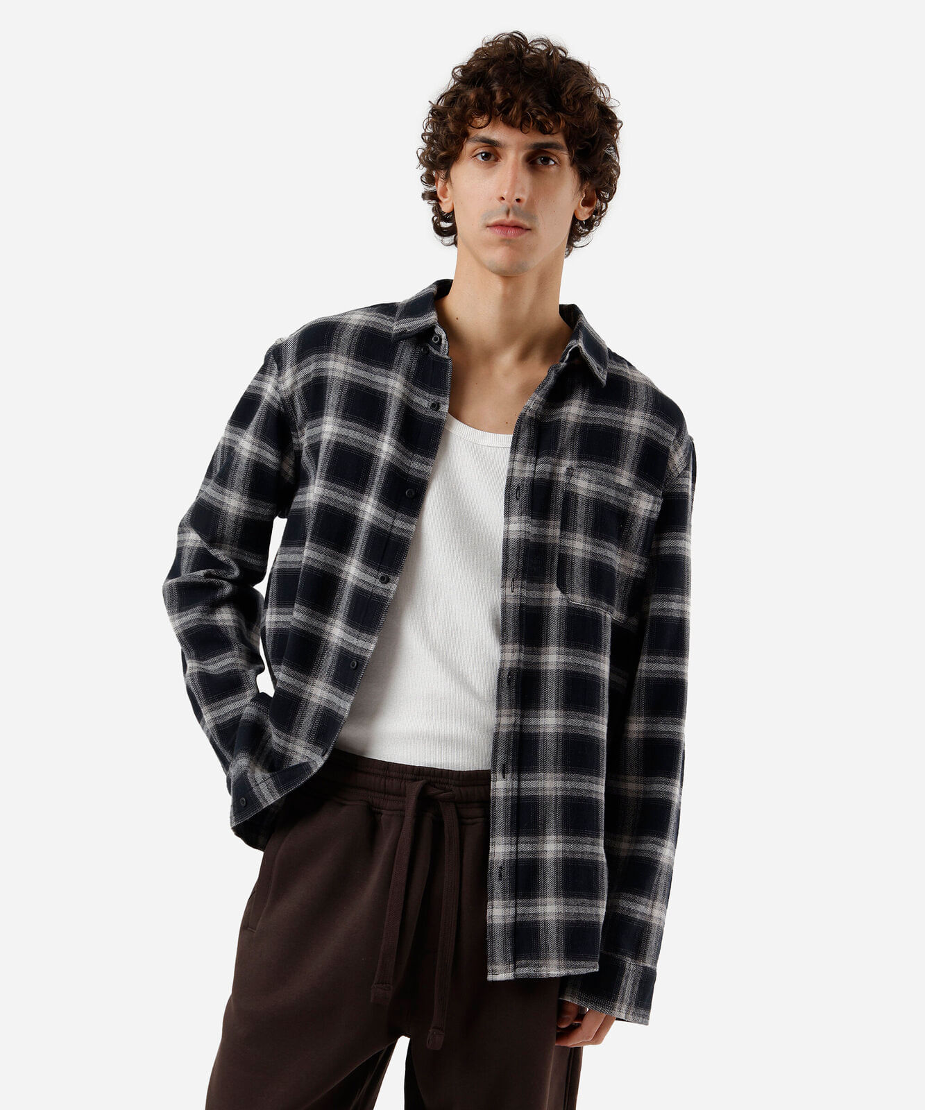 camisa masculina de algodão manga longa xadrez preta