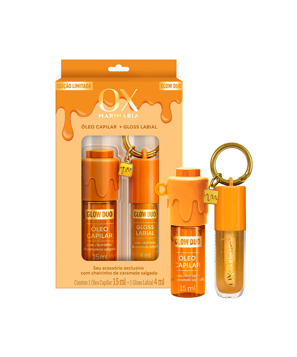 kit ox espacial mari maria glow duo caramelo salgado óleo capilar 15ml e gloss 4ml