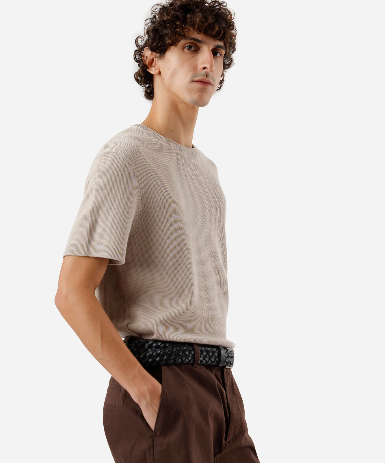 camiseta masculina de tricot manga curta bege