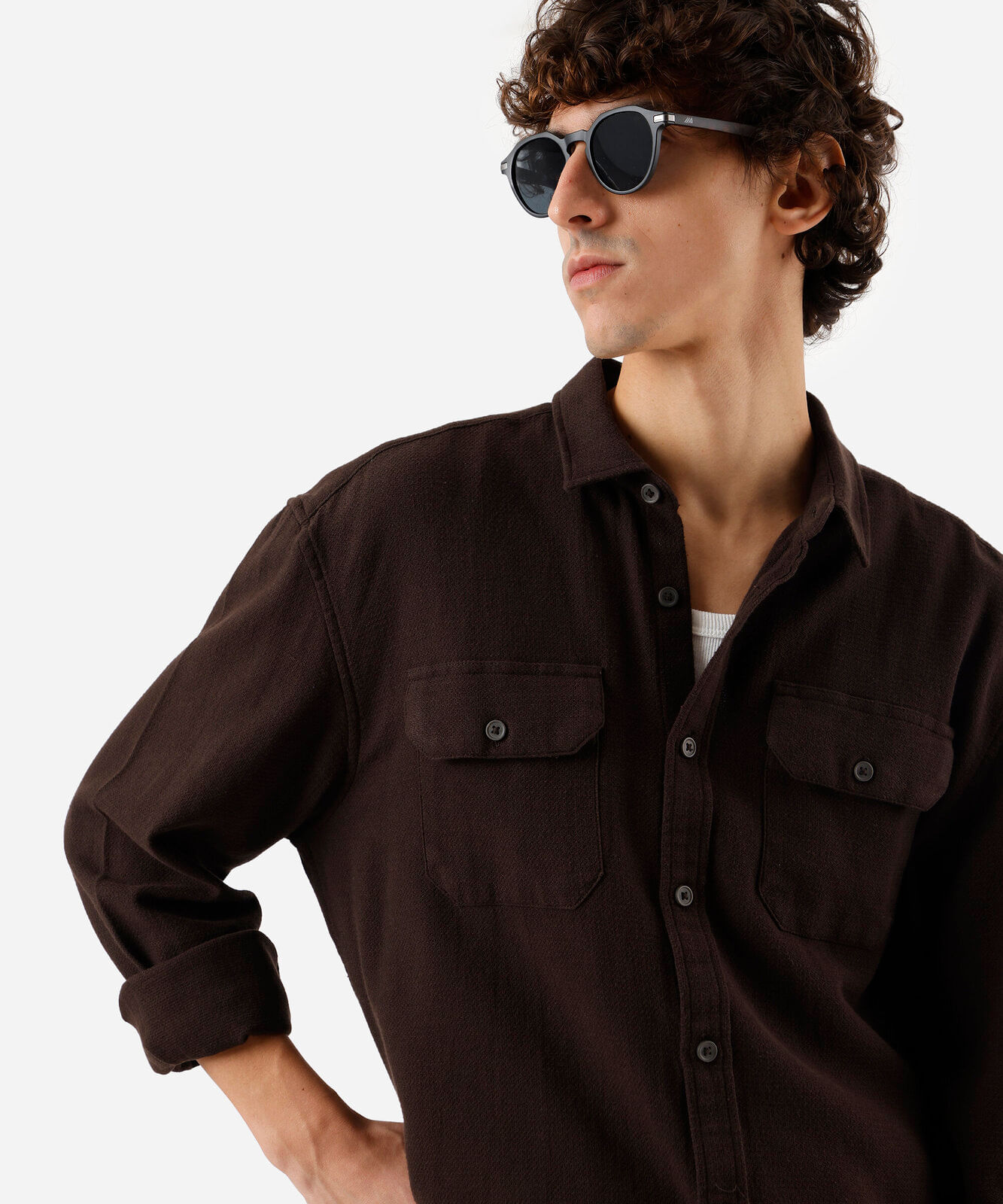 camisa masculina de algodão manga longa texturizada marrom