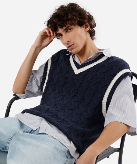 colete masculino de tricot texturizado azul M