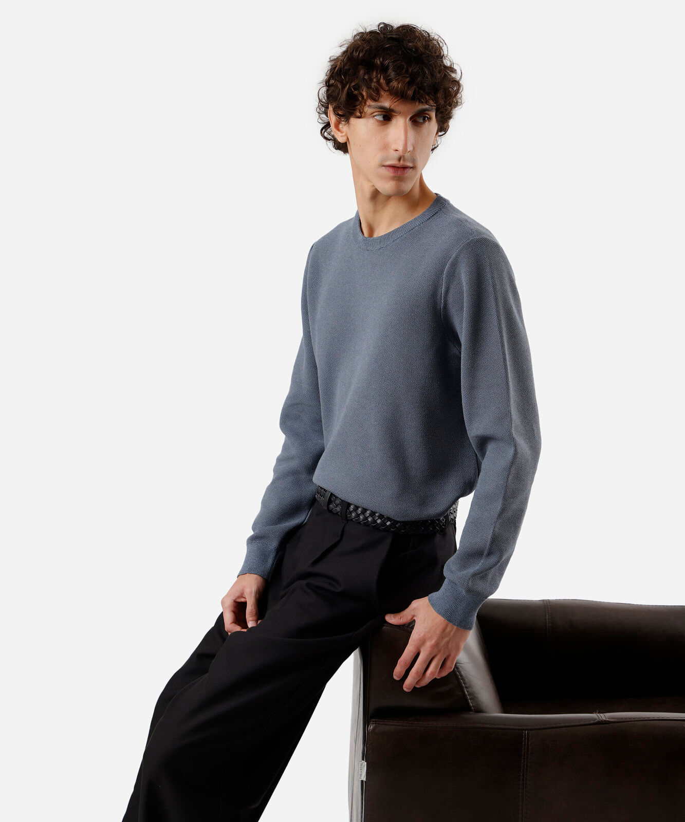 suéter masculino de tricot gola redonda manga longa azul