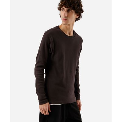 camiseta slim fit masculina de algodão manga longa canelada marrom