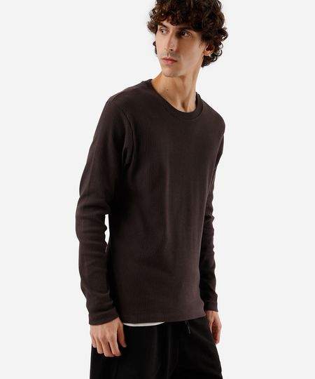 camiseta slim fit masculina de algodão manga longa canelada marrom PP