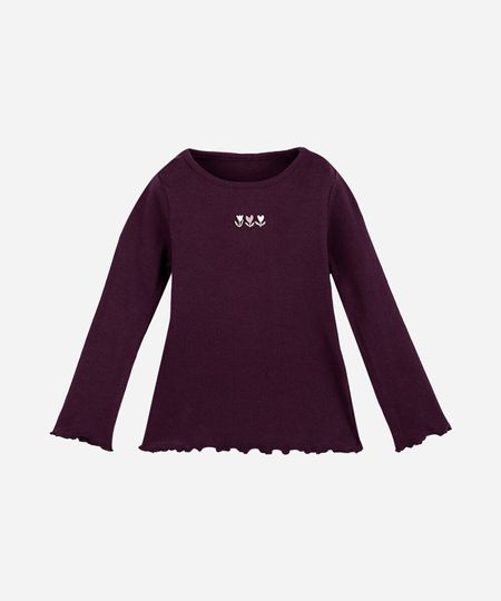 blusa infantil manga longa floral com fru fru vinho 2