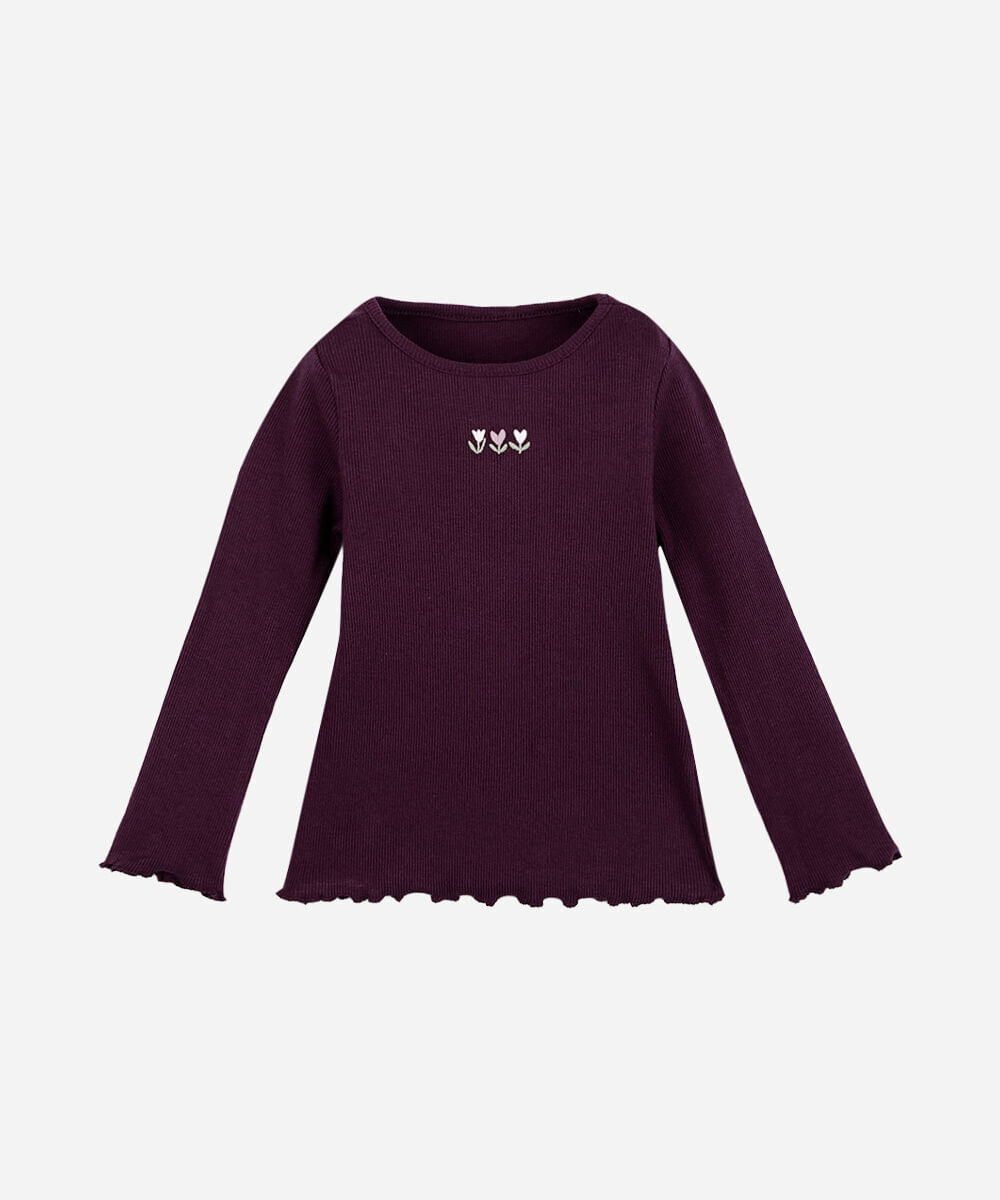 blusa infantil manga longa floral com fru fru vinho