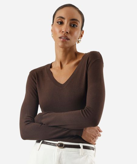suéter básico feminino de tricot gola v marrom G suéter básico feminino de tricot gola v marrom G