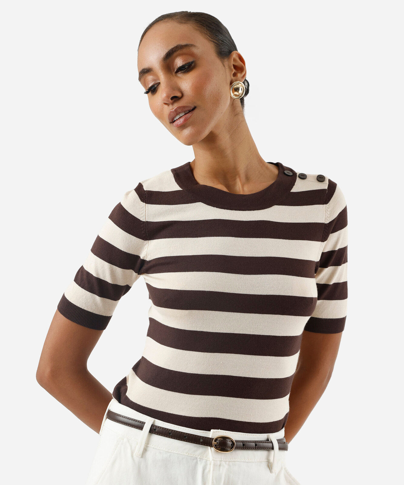 blusa feminina de tricot manga curta listrada marrom