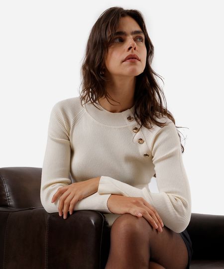 suéter feminino de tricot com botões canelado  off white M