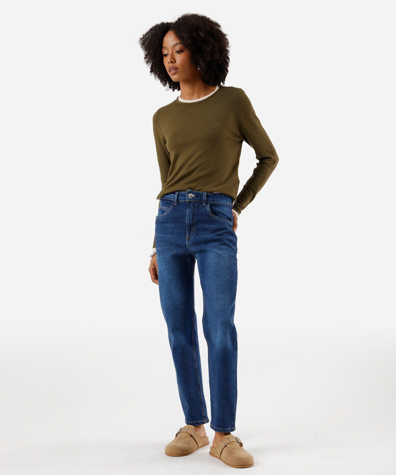 calça mom feminina jeans cintura alta azul