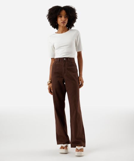 calça wide leg slim feminina de sarja marrom 36