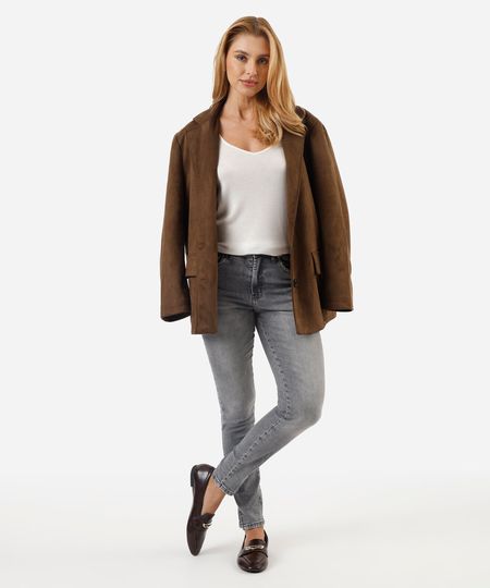 calça skinny feminina jeans com fendas cintura alta cinza 38 calça skinny feminina jeans com fendas cintura alta cinza 38