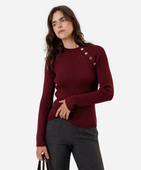 suéter feminino de tricot com botões canelado vinho G suéter feminino de tricot com botões canelado vinho G