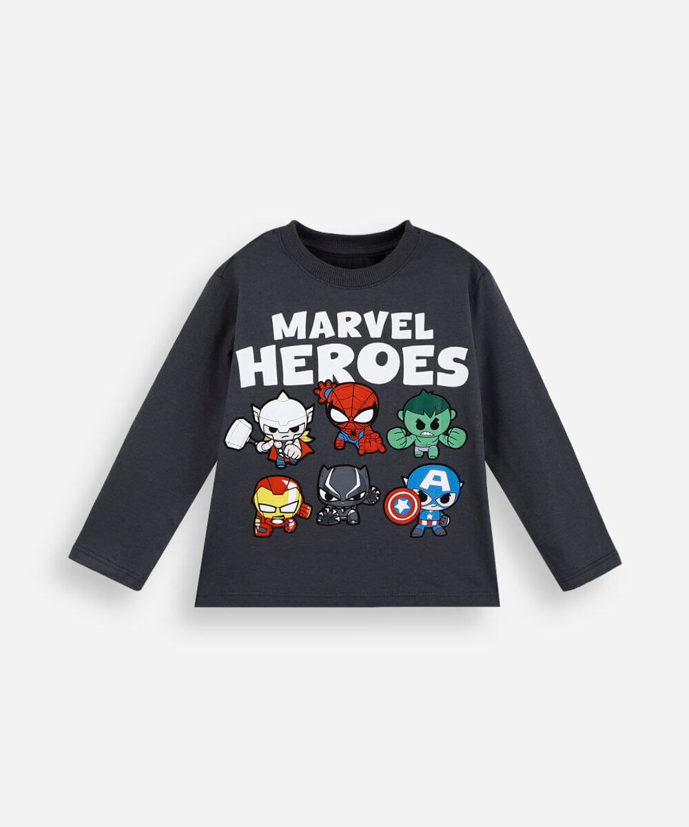 blusa infantil de algodão manga longa heróis marvel cinza